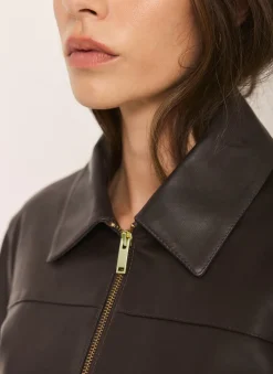 Brown Leather Collared Bomber Jacket