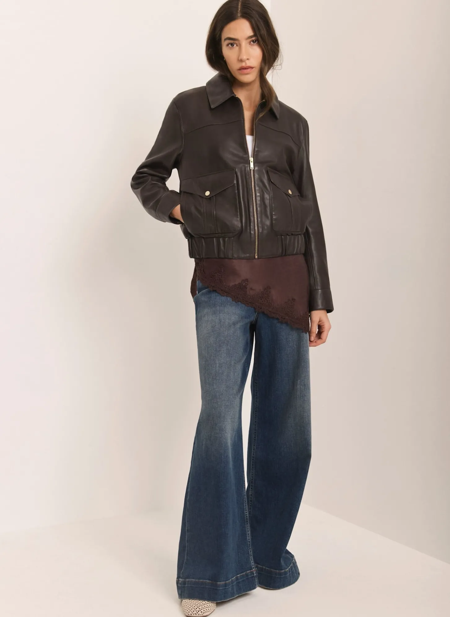 Brown Leather Collared Bomber Jacket