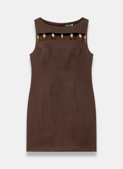 Brown Linen Beaded Mini Dress