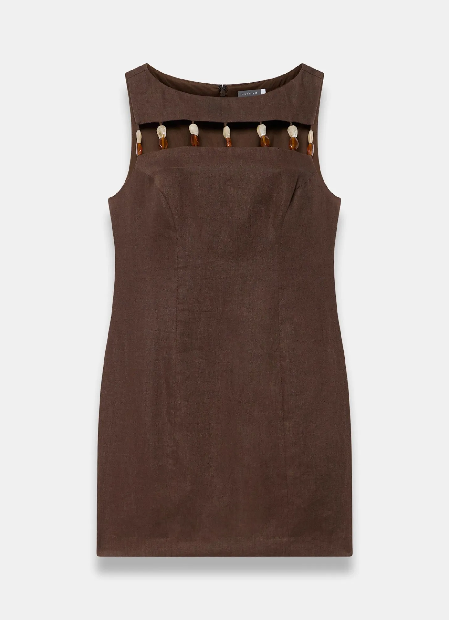 Brown Linen Beaded Mini Dress