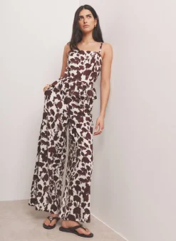 Brown Linen Blend Floral Print Wide Leg Trousers