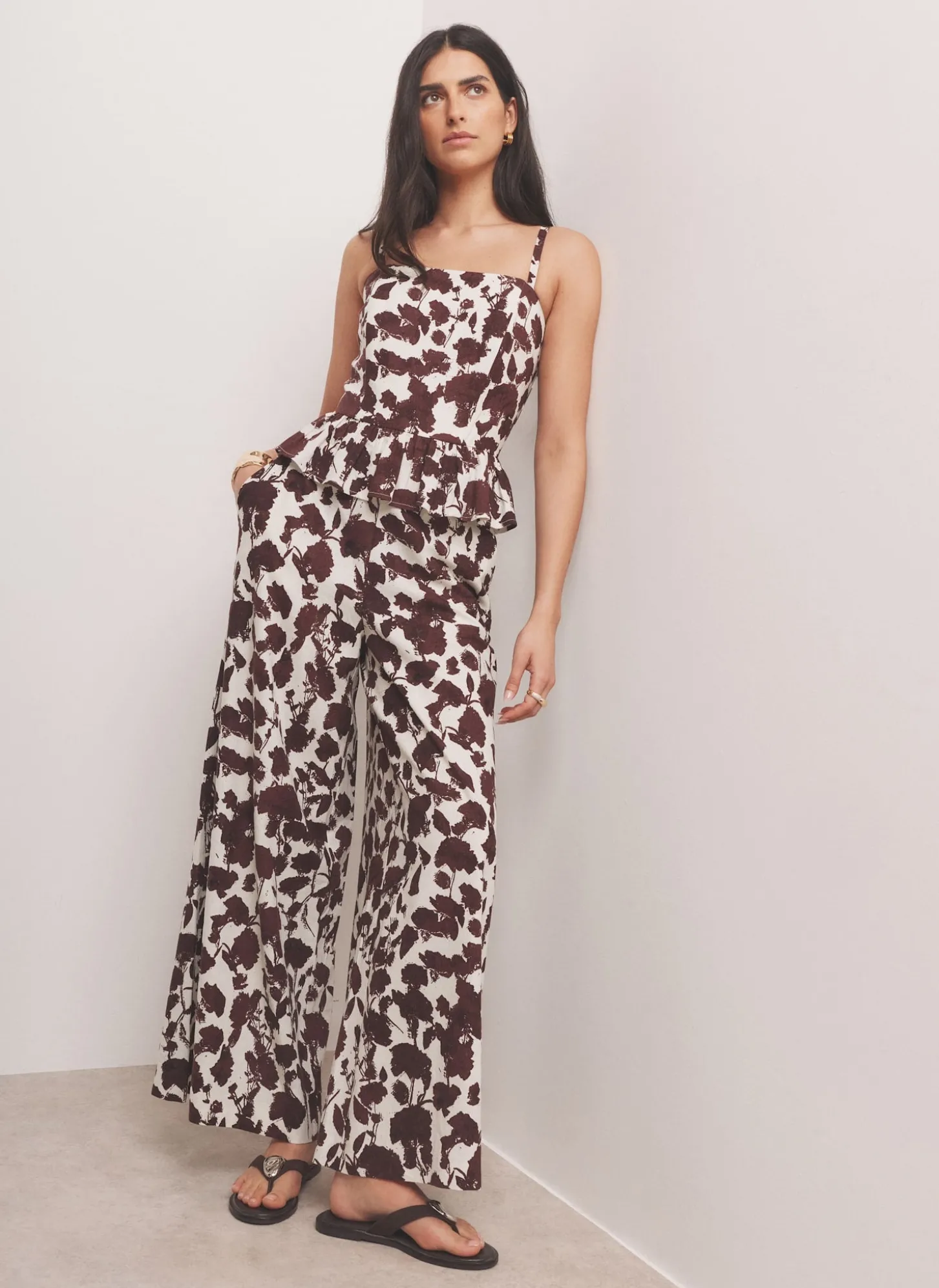 Brown Linen Blend Floral Print Wide Leg Trousers