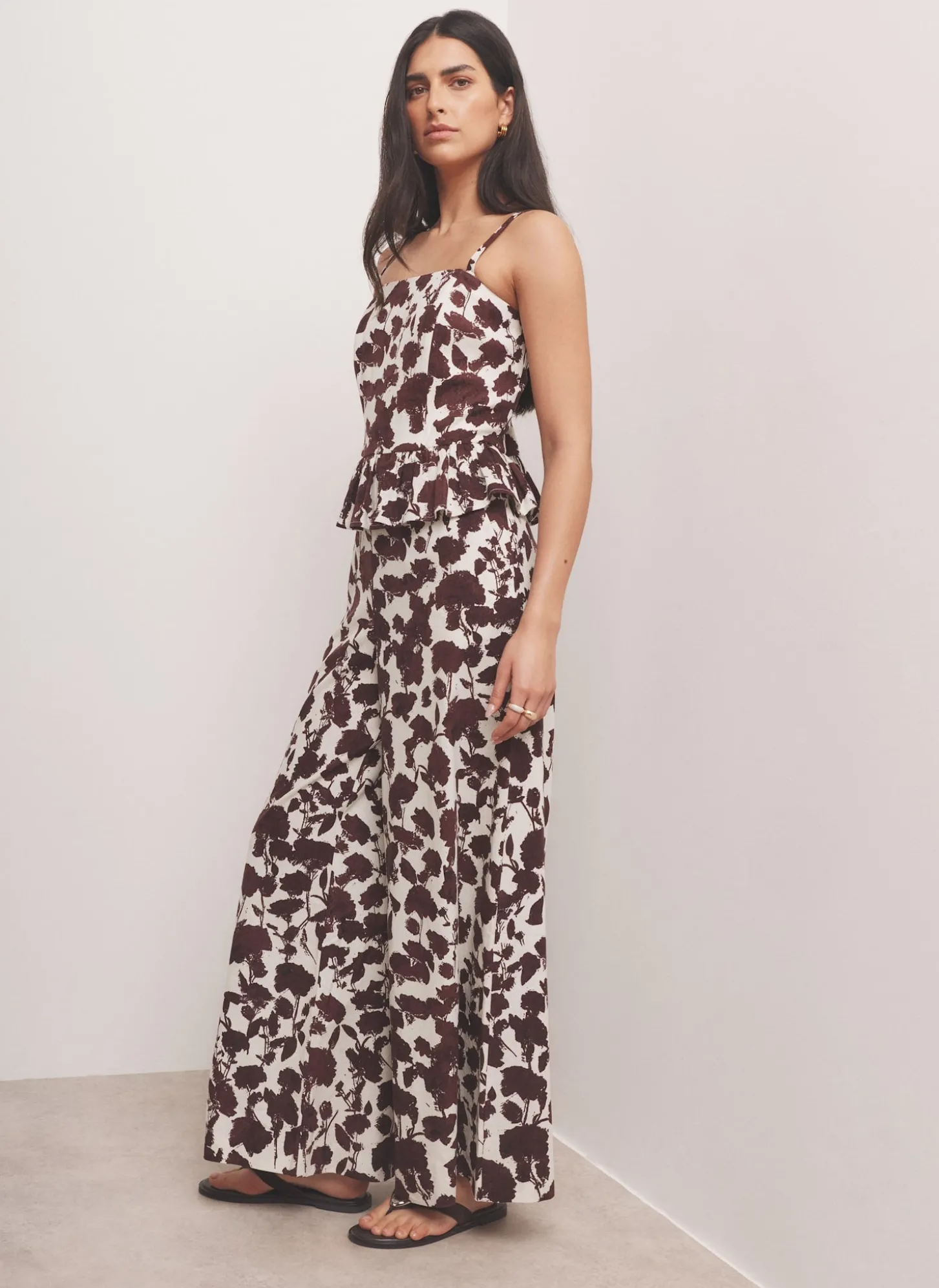 Brown Linen Blend Floral Print Wide Leg Trousers