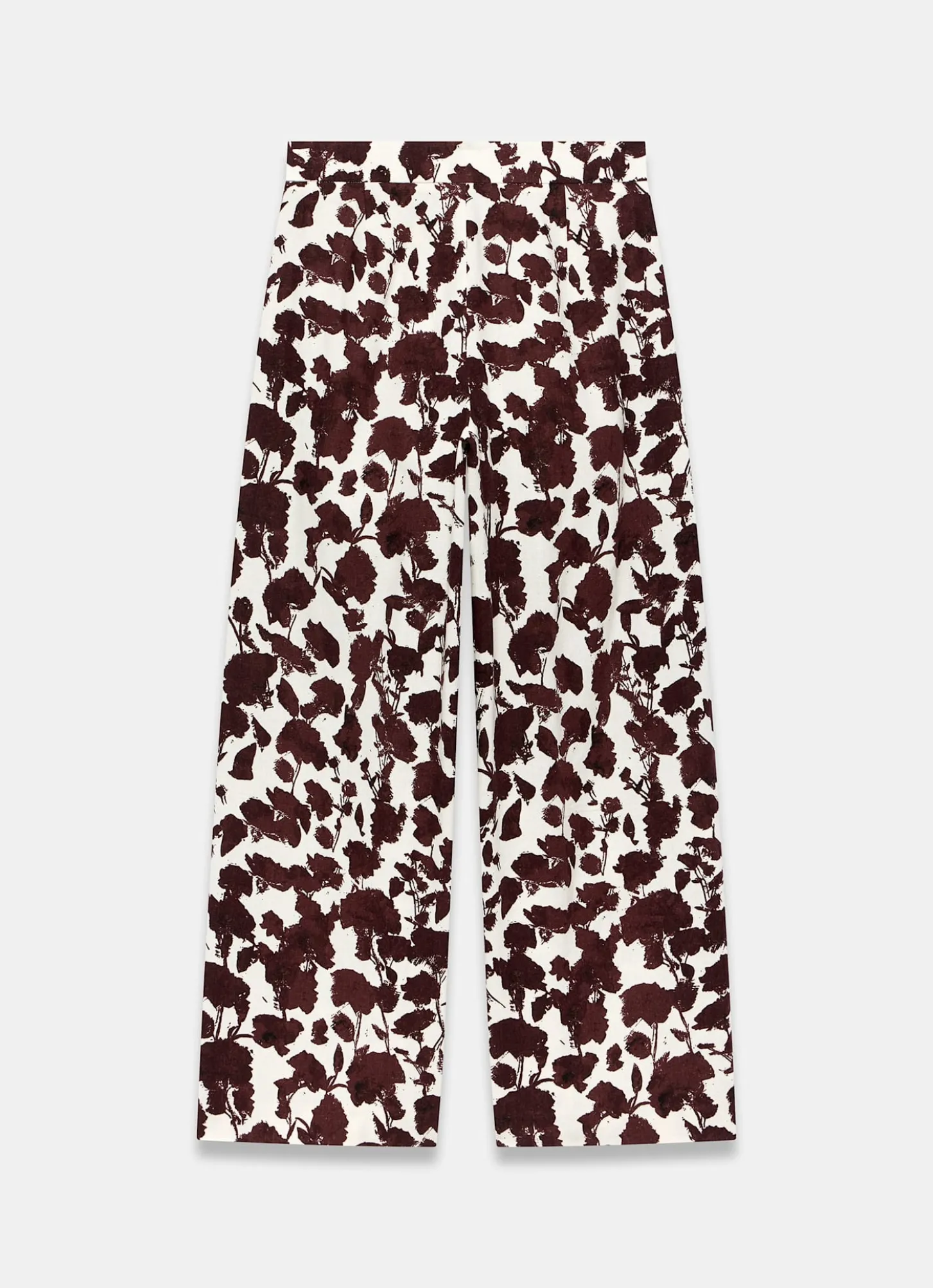 Brown Linen Blend Floral Print Wide Leg Trousers