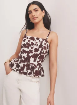 Brown Linen Blend Floral Print Top