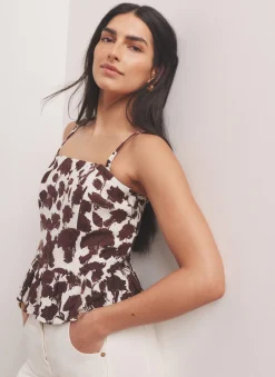 Brown Linen Blend Floral Print Top