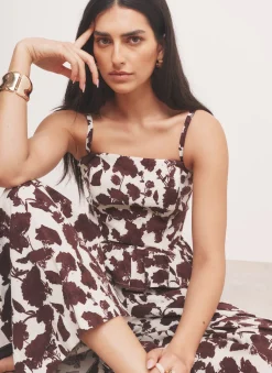 Brown Linen Blend Floral Print Top