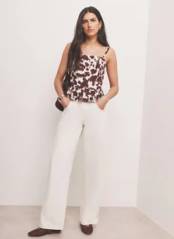 Brown Linen Blend Floral Print Top