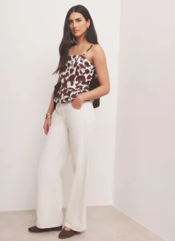 Brown Linen Blend Floral Print Top