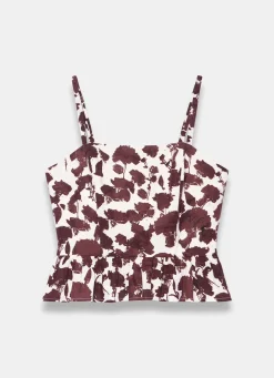 Brown Linen Blend Floral Print Top