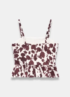 Brown Linen Blend Floral Print Top