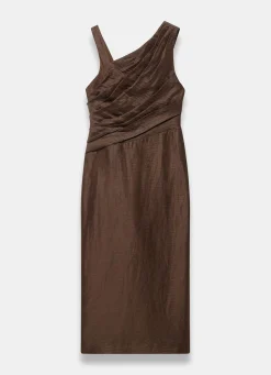 Brown Linen Blend Midi Dress