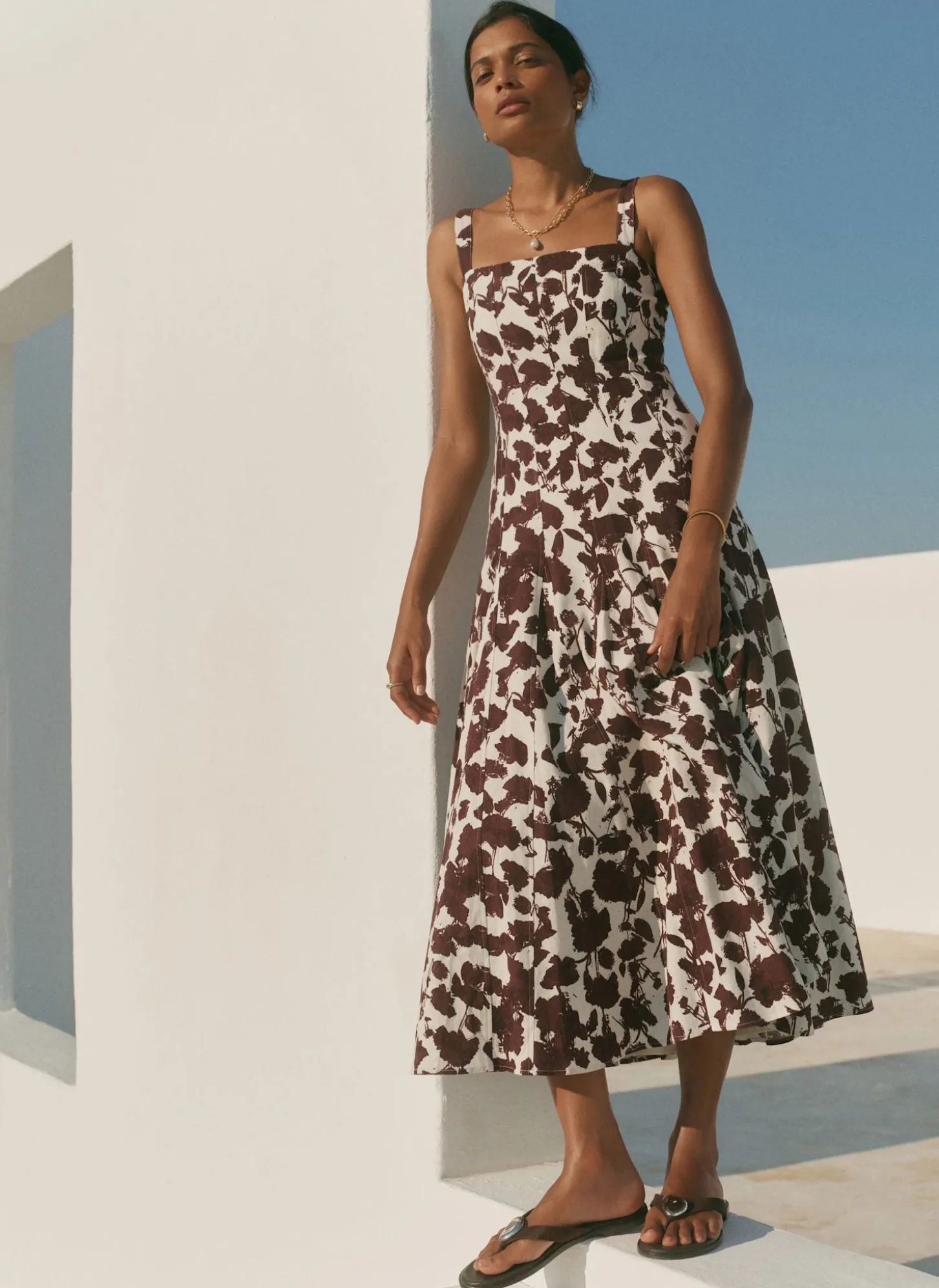 Brown Linen Blend Printed Midi Dress