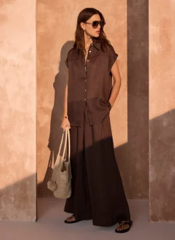 Brown Linen Blend Wide Leg Trousers