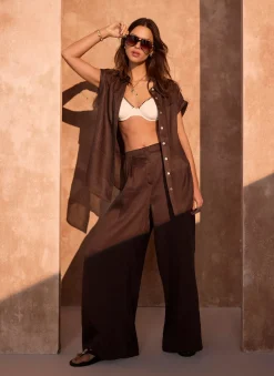 Brown Linen Blend Wide Leg Trousers