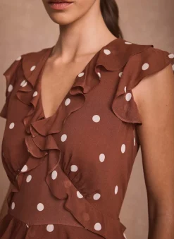 Brown Polka Dot Print Ruffle Midi Dress