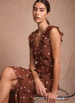 Brown Polka Dot Print Ruffle Midi Dress