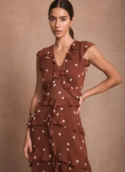 Brown Polka Dot Print Ruffle Midi Dress