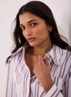Brown Striped Cotton Scallop Detail Shirt