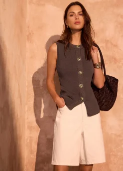 Brown Sunray Button Knit Sleeveless Top