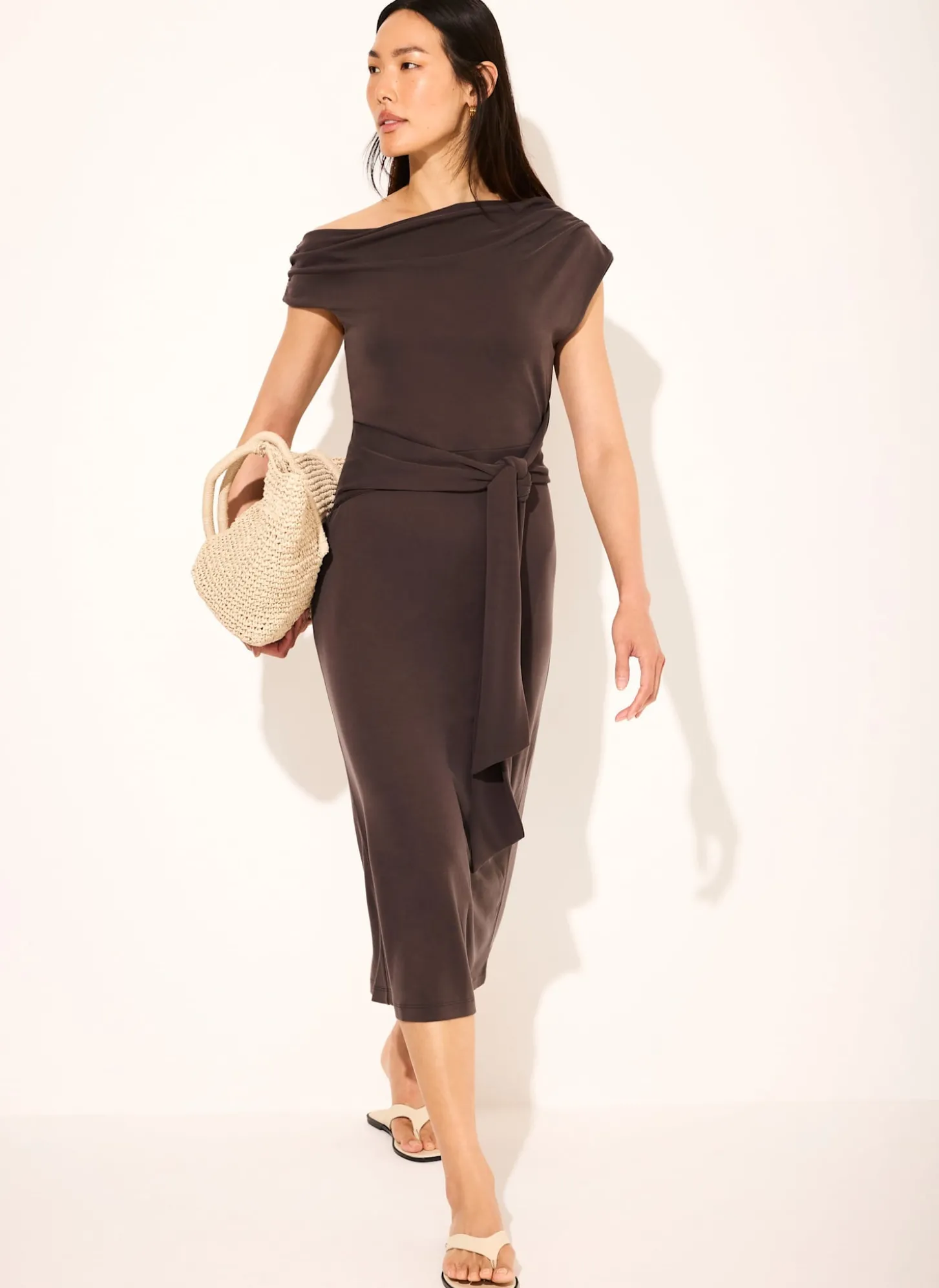 Brown Tie Detail Midi Dress