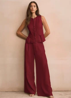 Burgundy Darted Wide Leg Trousers