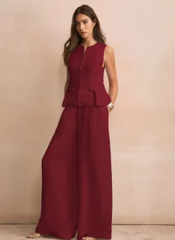 Burgundy Darted Wide Leg Trousers