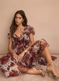 Burgundy Floral Print Tulle Maxi Dress