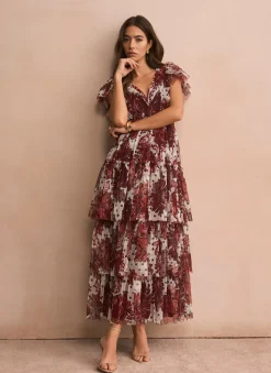 Burgundy Floral Print Tulle Maxi Dress