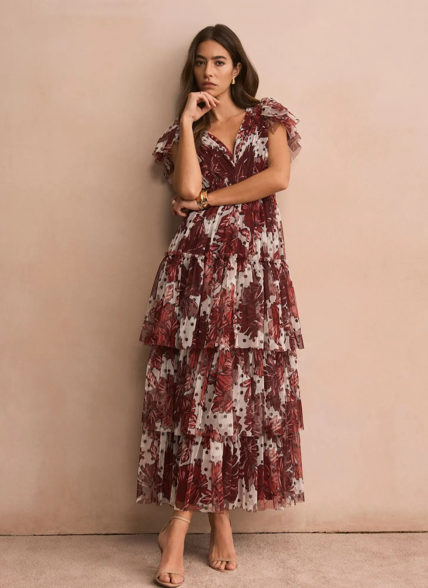 Burgundy Floral Print Tulle Maxi Dress