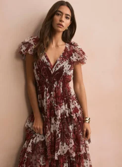 Burgundy Floral Print Tulle Maxi Dress