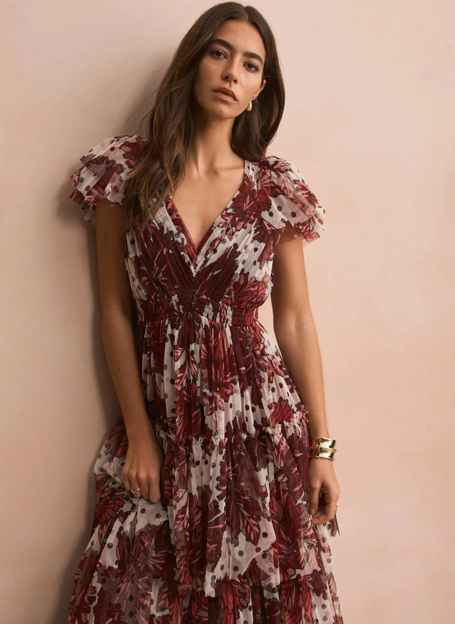 Burgundy Floral Print Tulle Maxi Dress