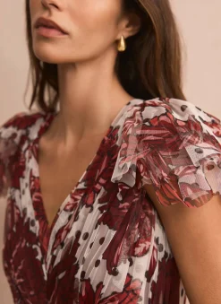 Burgundy Floral Print Tulle Maxi Dress