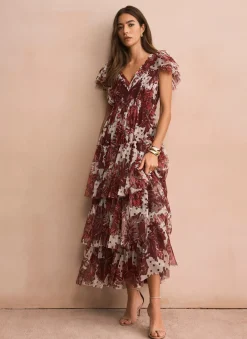 Burgundy Floral Print Tulle Maxi Dress