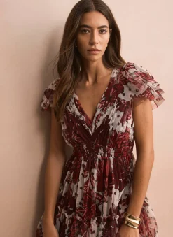 Burgundy Floral Print Tulle Maxi Dress