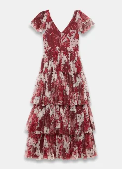 Burgundy Floral Print Tulle Maxi Dress