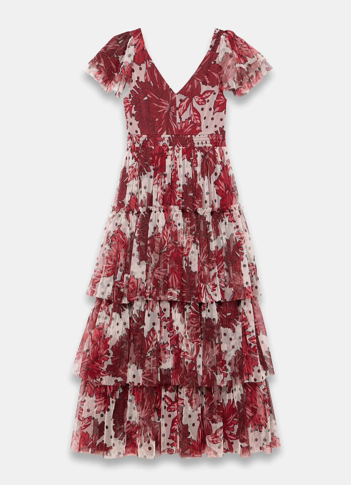 Burgundy Floral Print Tulle Maxi Dress