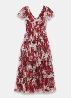 Burgundy Floral Print Tulle Maxi Dress