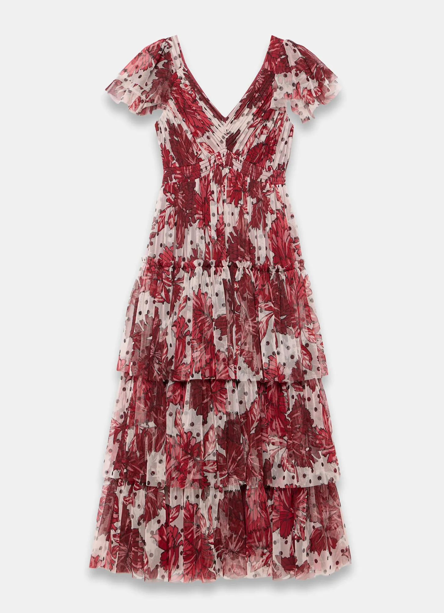 Burgundy Floral Print Tulle Maxi Dress