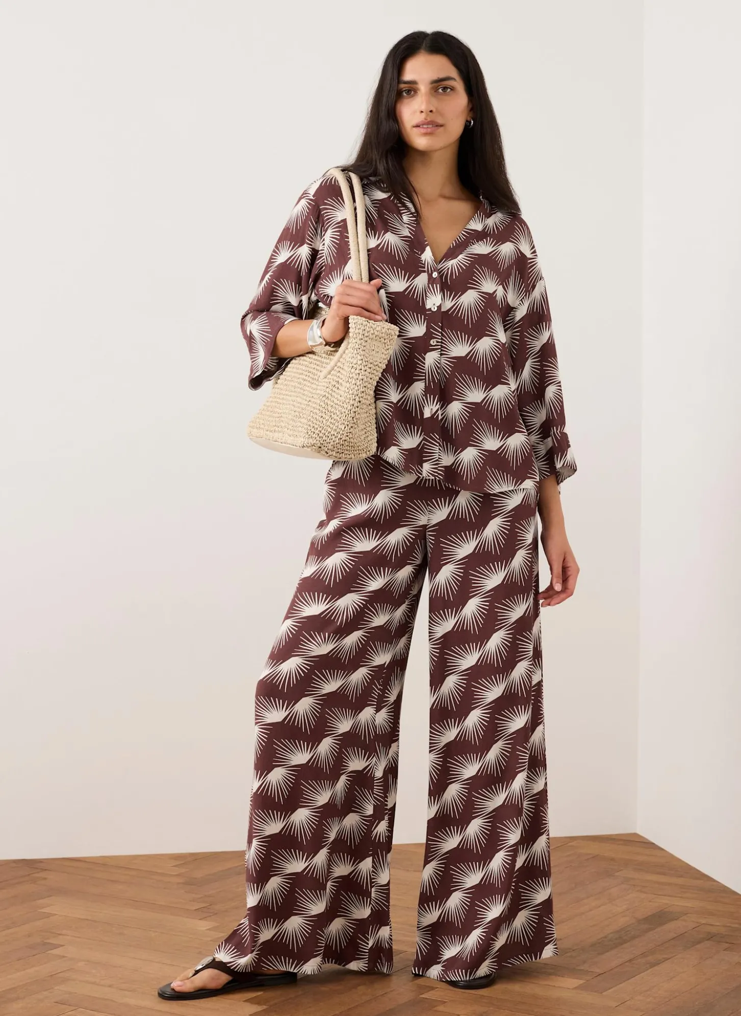 Burgundy Graphic Print Wide Leg Trousers