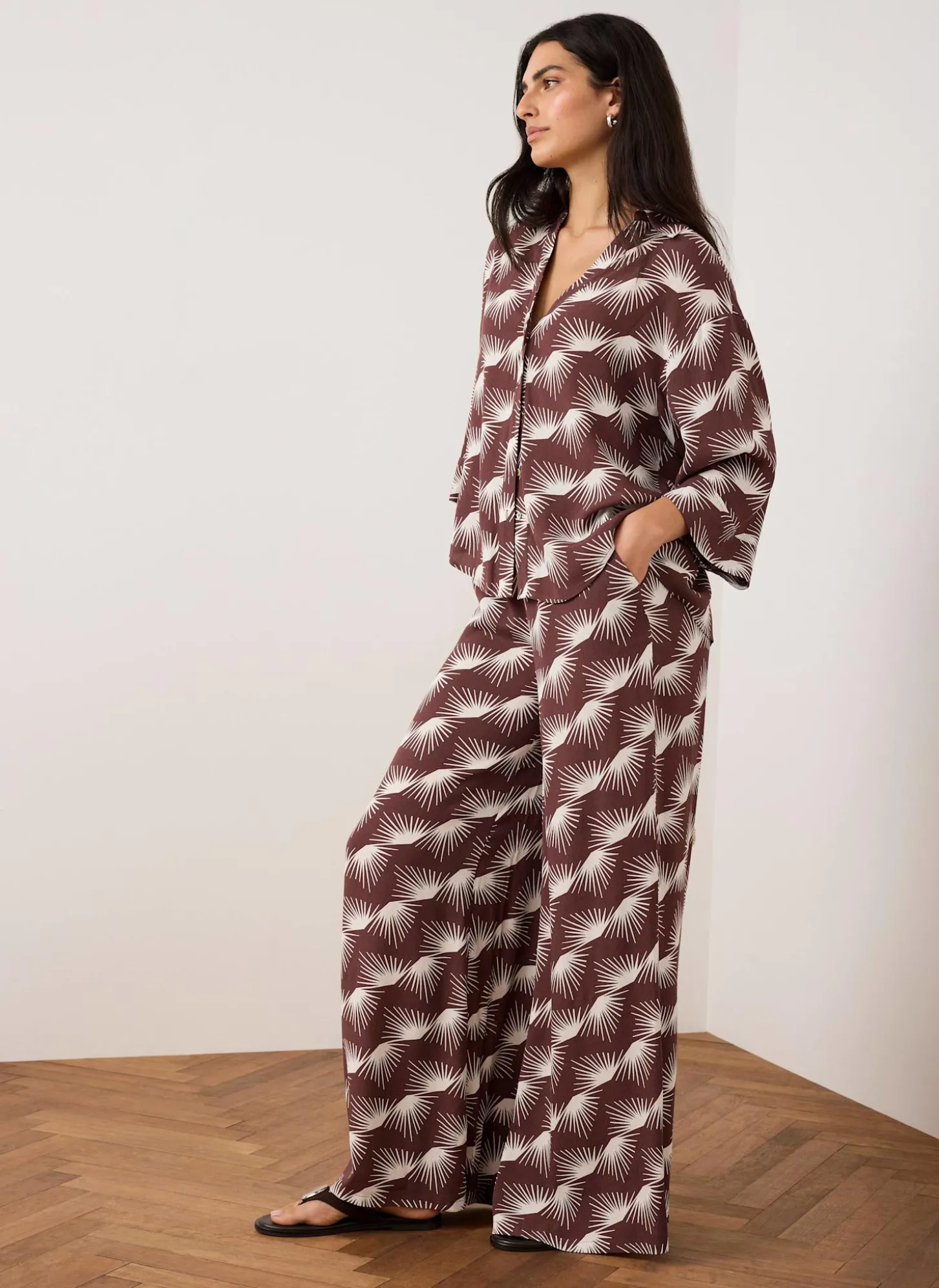 Burgundy Graphic Print Wide Leg Trousers