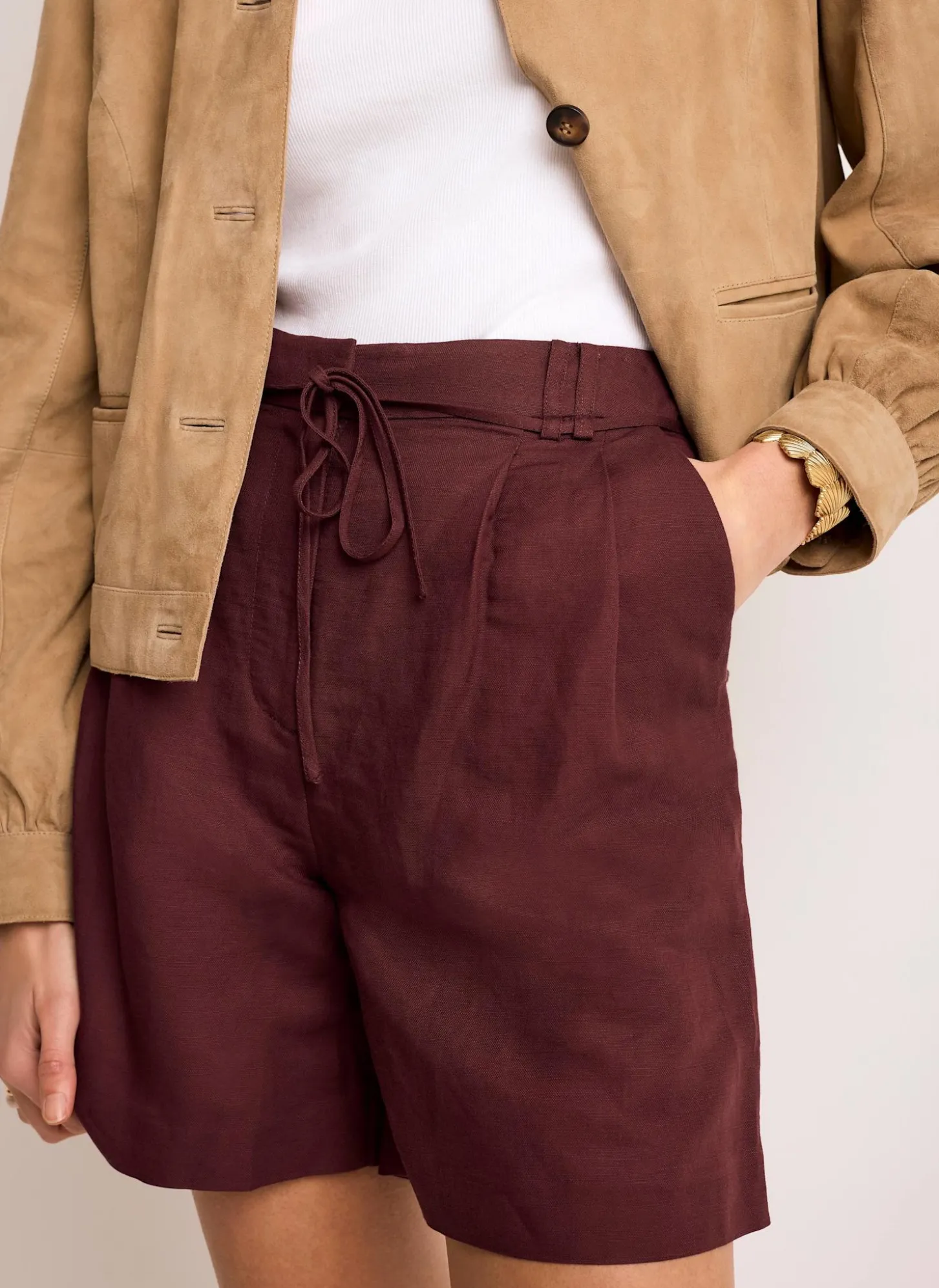 Burgundy Linen Blend Shorts