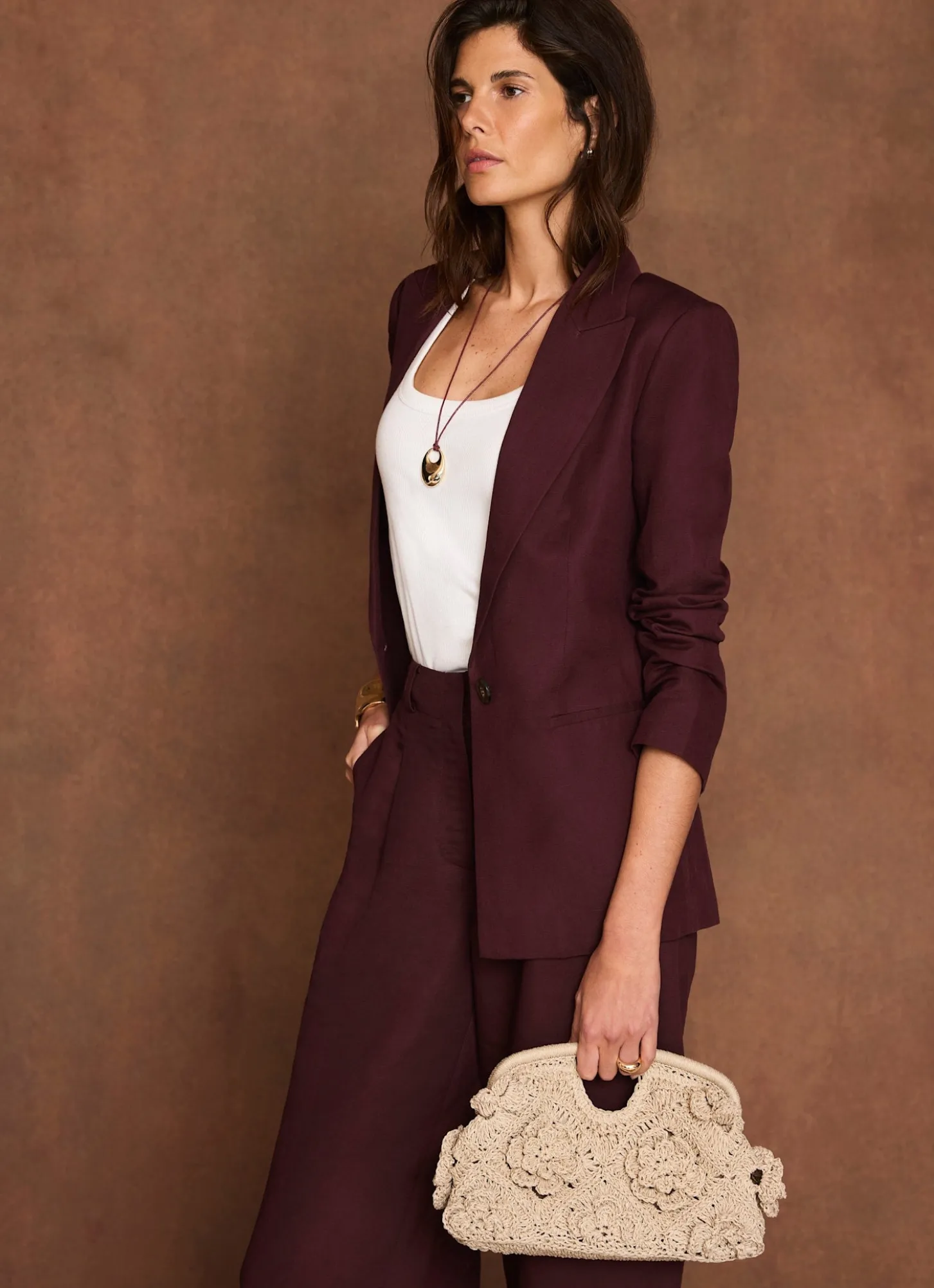 Burgundy Linen Blend Single Breasted Blazer