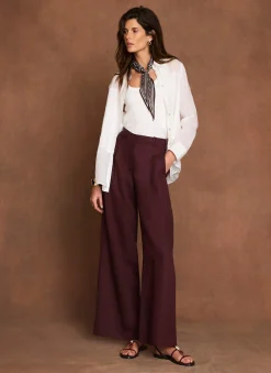 Burgundy Linen Blend Wide Leg Trousers