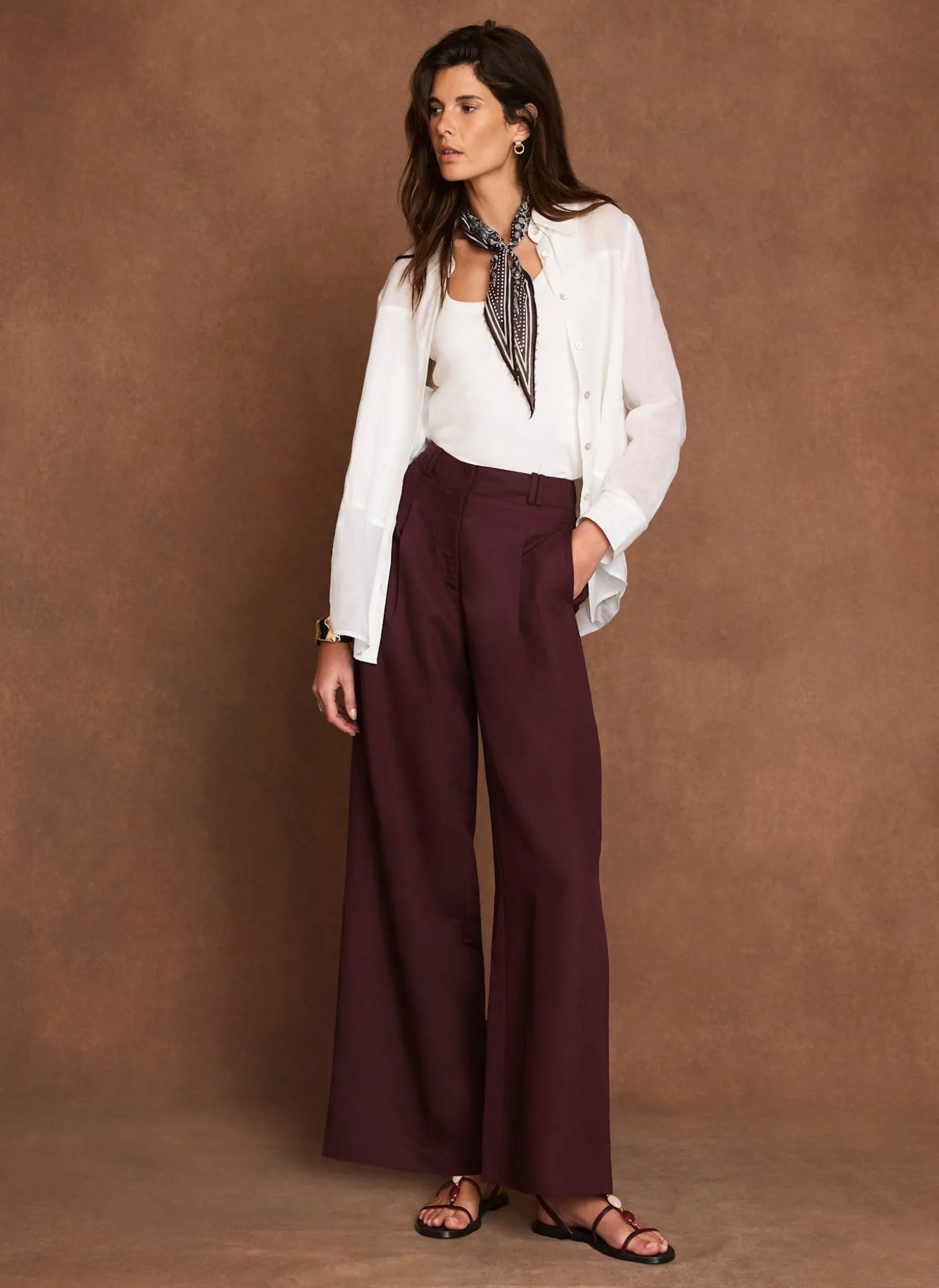 Burgundy Linen Blend Wide Leg Trousers