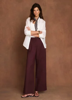 Burgundy Linen Blend Wide Leg Trousers