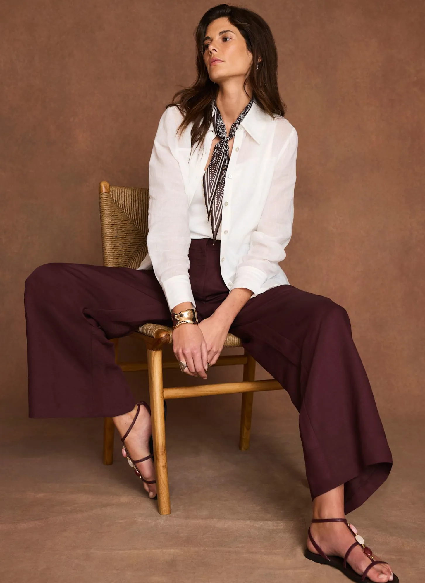 Burgundy Linen Blend Wide Leg Trousers