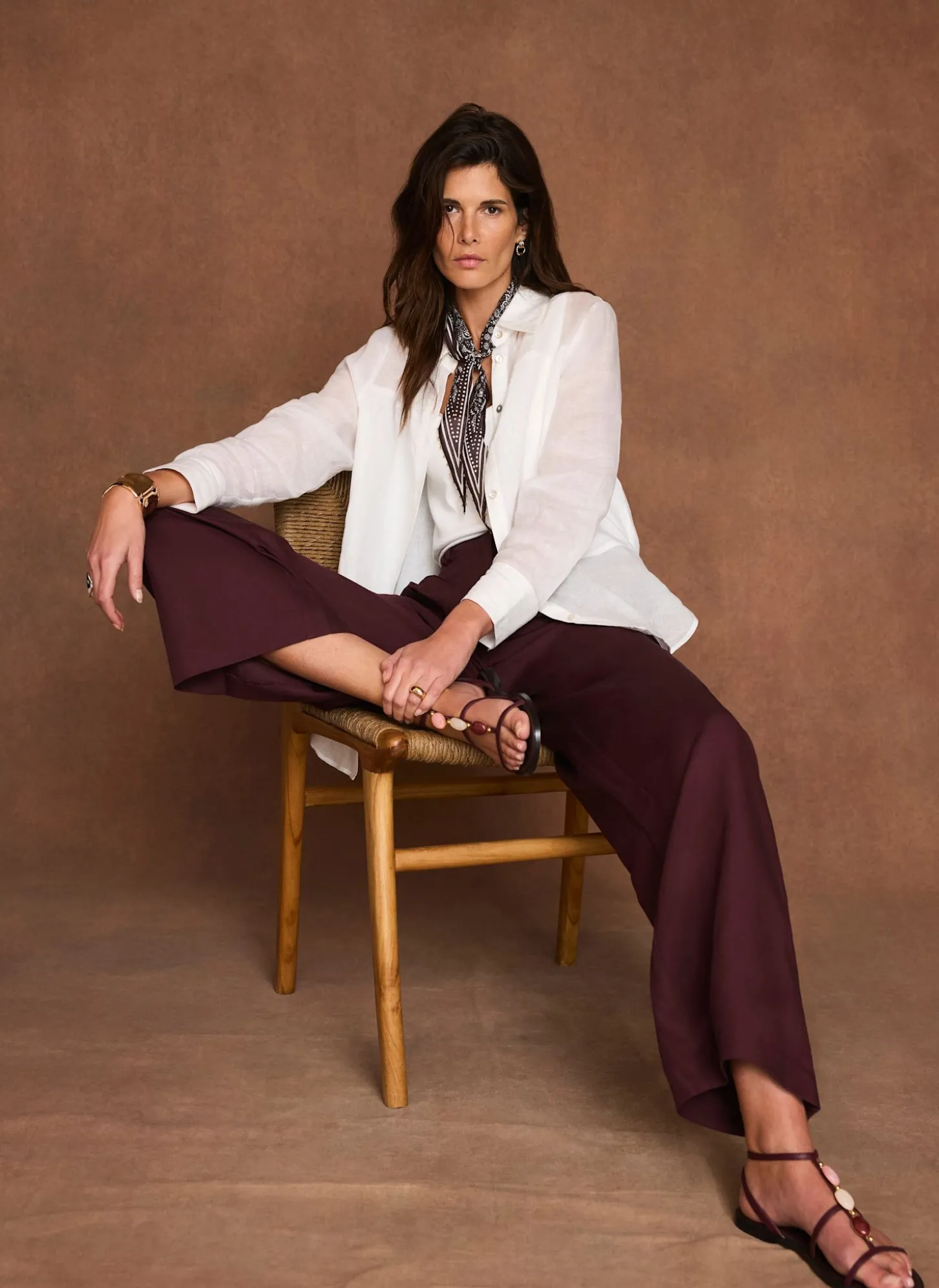 Burgundy Linen Blend Wide Leg Trousers