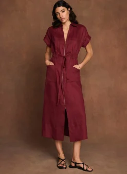 Burgundy Linen Midi Shirt Dress