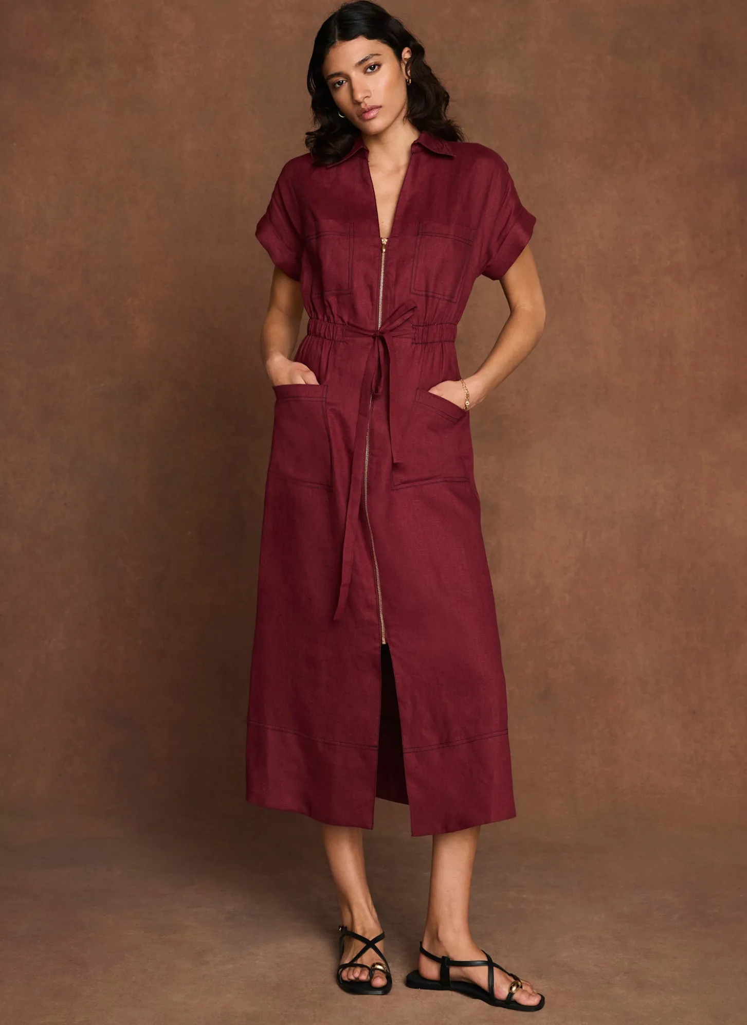 Burgundy Linen Midi Shirt Dress